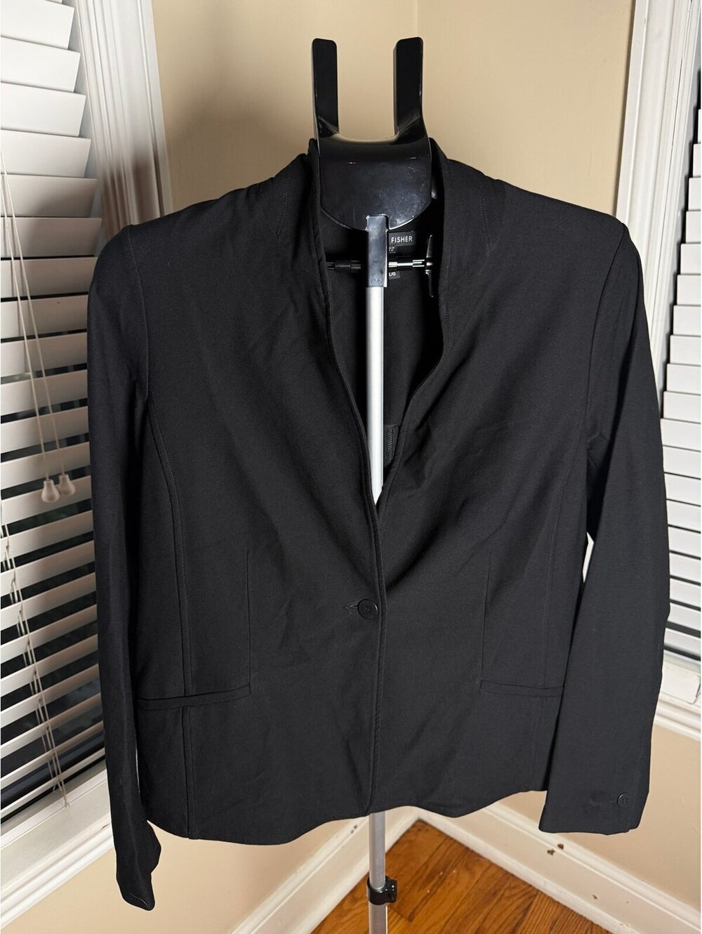Eileen Fisher Black Stretch Knit Stand Collar Blazer Jacket Large Career Minimal